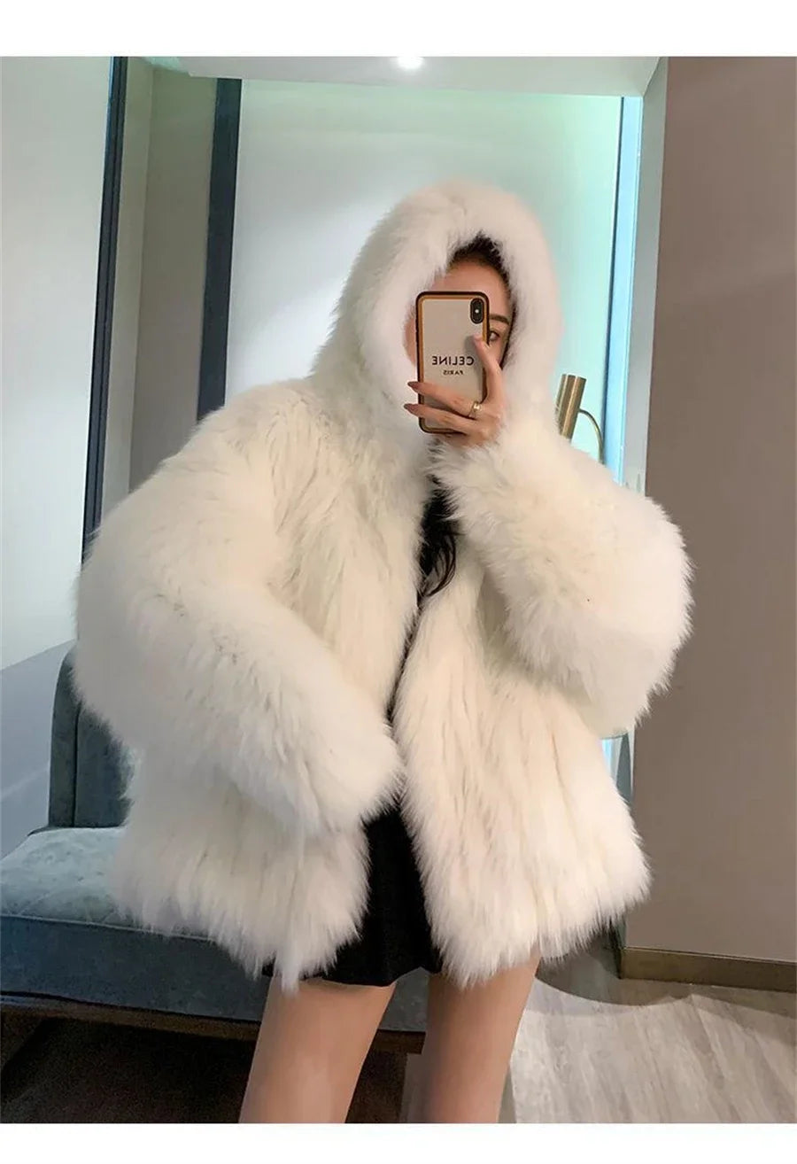 Trendy Hooded Faux Fox Fur Coats super Warm Winter Furry Jacket Women Streetwear Plush Clothing Loose Casual Whiter Chaquetas