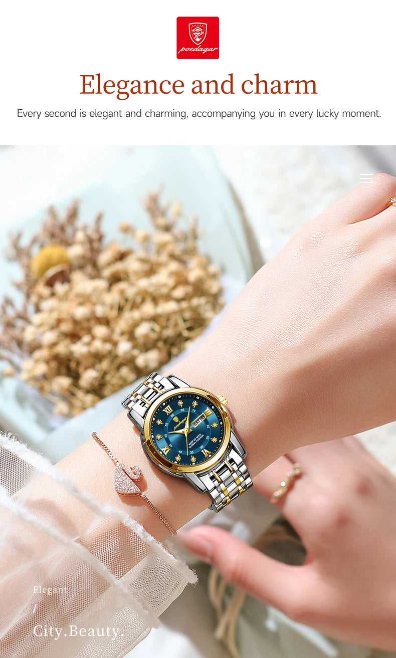 POEDAGAR Women Wristwatch Luxury Quartz Ladies Watch Waterproof Stainless Steel Luminous Date Week Women's Watches Dress Clock