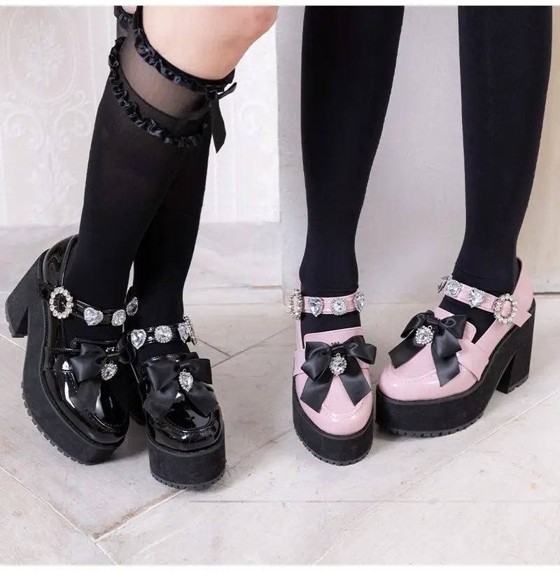 Japanese Lolita Hot Rhinestone Love Heart Bow Tie Mine Mass-Produced Platform Mary Jane Shoes Pink Pumps Girl Shoes for Women's