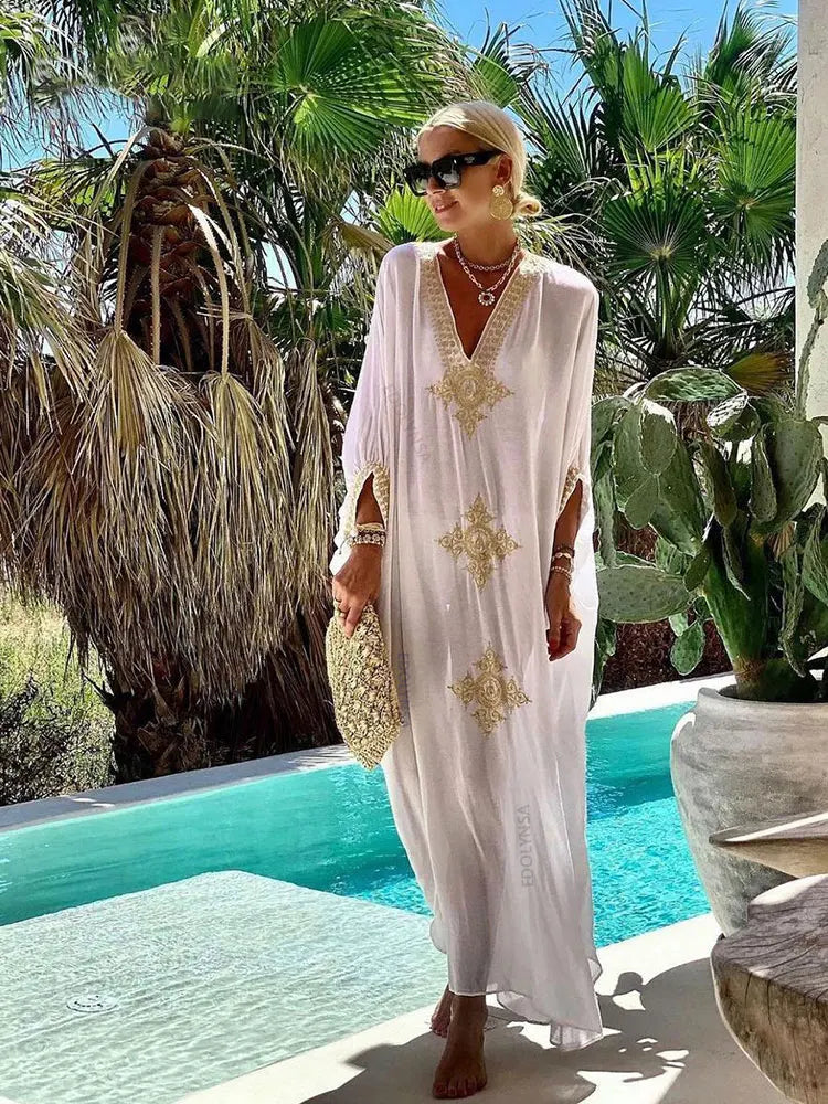 2023 Elegant Gold Embroidered Loose Kaftan House Robe Retro V-neck White Dress Women Summer Beach Wear Swim Maxi Dresses N1373