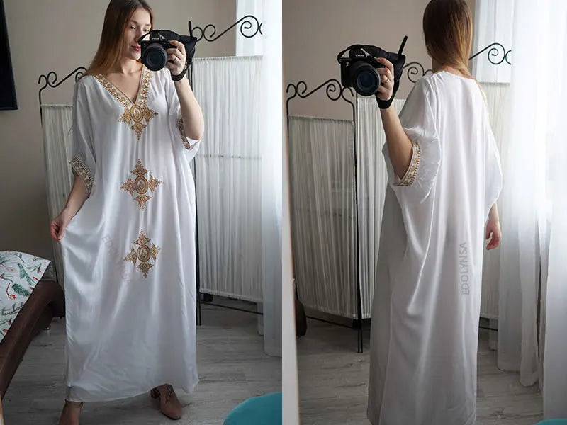 2023 Elegant Gold Embroidered Loose Kaftan House Robe Retro V-neck White Dress Women Summer Beach Wear Swim Maxi Dresses N1373