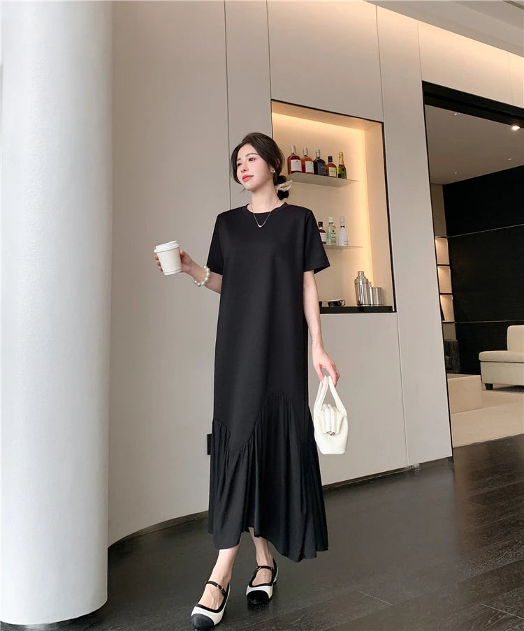 NYFS 2024 Summer New Korea Irregular Woman Dress Vestidos Robe Elbise Loose Plus Size Patchwork Short Sleeve Long Dress