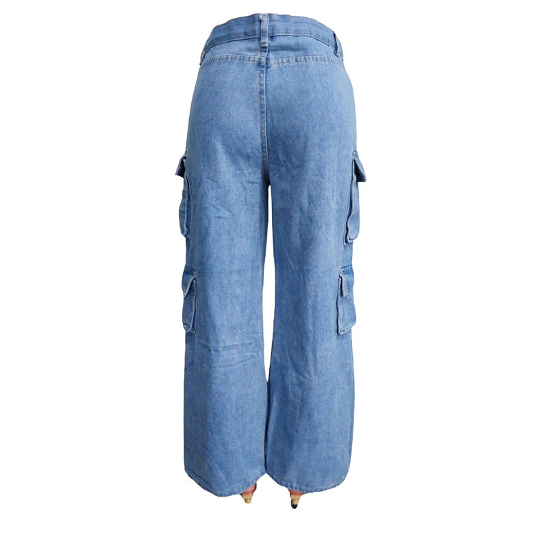 ZOMIGHT Pockets Wide Leg Woman Blue Cargo Jeans Womens Vintage High Waist Baggy Denim Pants Casual Loose Trousers Streetwears