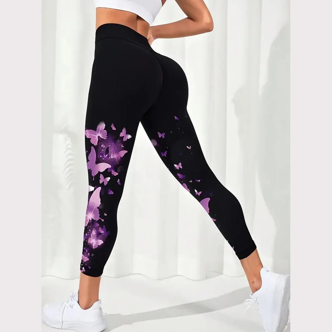 Butterfly print stretch slim leggings, casual stretch tight leggings