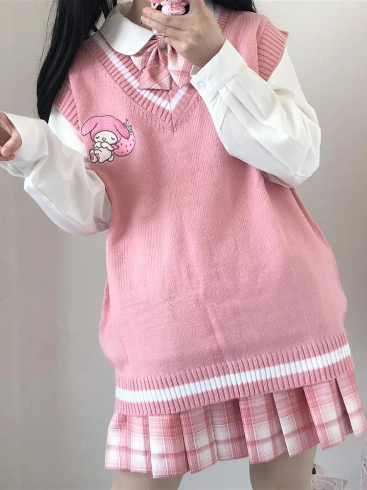 2024 School Kawaii Sweater Vest Cartoon Waistcoat Sweet Cute Preppy Style Women Pullover V-neck Embroidery Japanese Lolita Tops