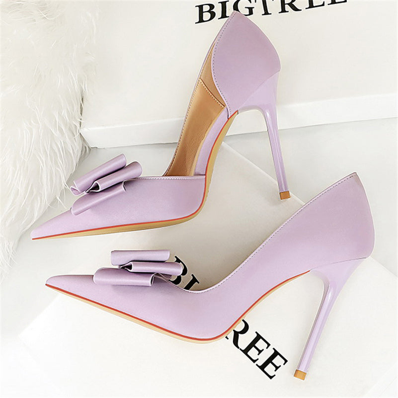 Women 10.5cm High Heels Silk Butterfly Knot Purple Green Pumps Lady Wedding Bridal Escarpin Blue Peach Evening Party Sweet Shoes