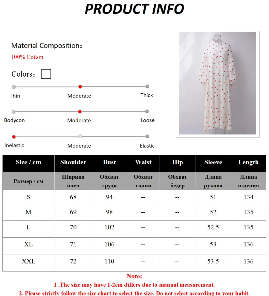 Sumuyoo Jacquard Heart Print Long Sleeve Dress Women Fashion Loose Vestidos Vintage Female A-line 100% Cotton Summer Dress