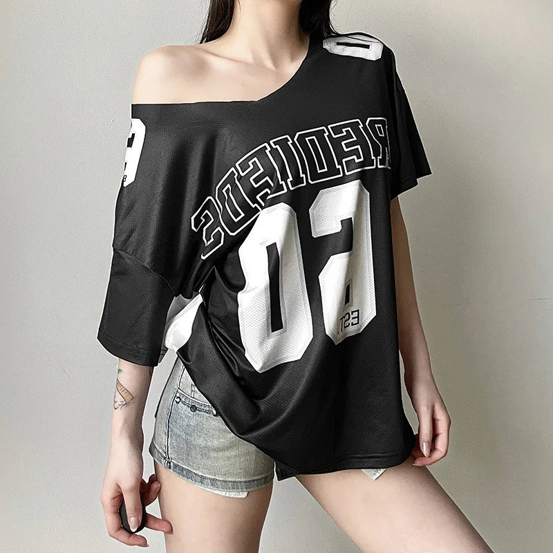 Y2k Aesthetic Summer Letter Printing T-shirts Harajuku Patchwork Loose Oversize Tops 2024 Women Harajuku Skew Collar Casual Tees