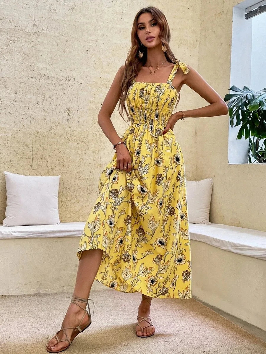 Floral Long Dress Women Fashion Backless Sleeveless Bandage Beach Sundress Casual Green Summer Ladies New In Dresses 2023