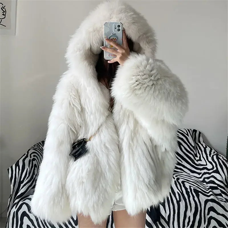 Faux Fur Jackets for Women Autumn Winter Short Bat Full Sleeve Hooded Coats Slim Spliced Thick Coat Loose Open Stitch Jacket