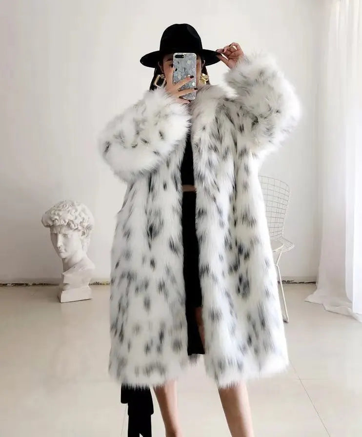 Faux Fox Fur Plus Size Coat  Mid Length Long Sleeve Jacket Casual Loose Cardigan Fur Coat Women White Fleece High Quality Coat