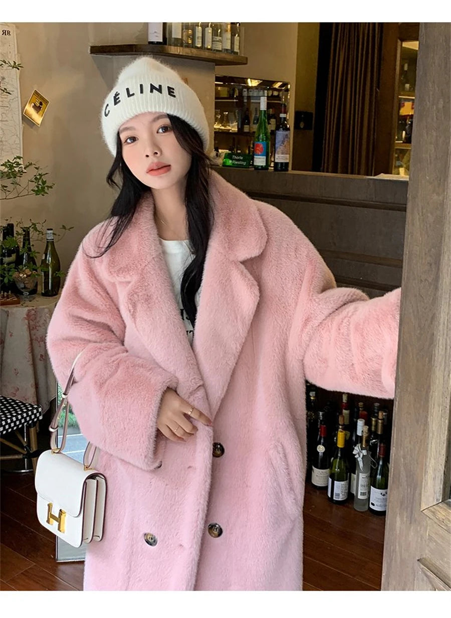 Thicken Warm Long Faux Fur Jackets Loose Warm Imitate Mink Coats Korean Winter Furry Padding Outerwear Women Luxury Overcoat