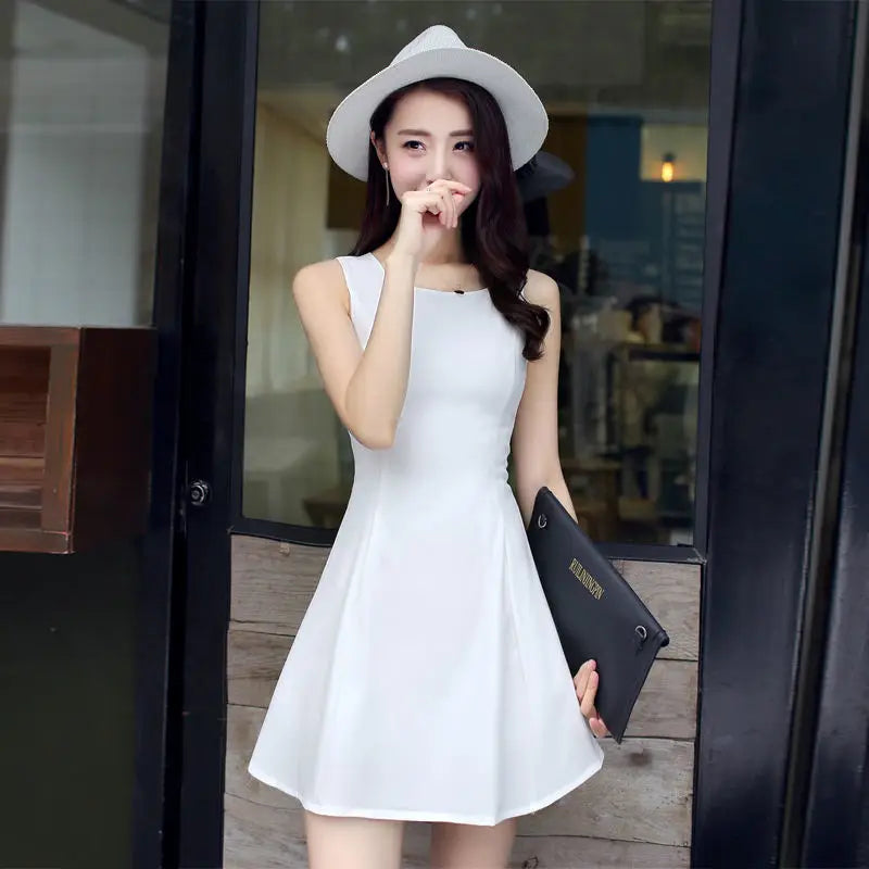 Sweet Dresses Intellectual Simplicity Sleeveless Round Neck Solid Color Mini Skirts Fashion Casual Women's Clothing Summer Thin