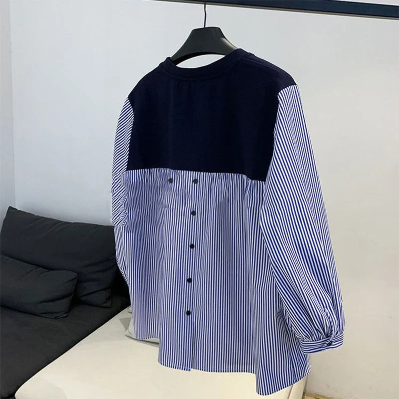 Autumn Winter Round Neck Striped Patchwork Loose Casual Sweatshirt Top Women 3/4 Sleeve Jumper All-match Pullover Female Clothes