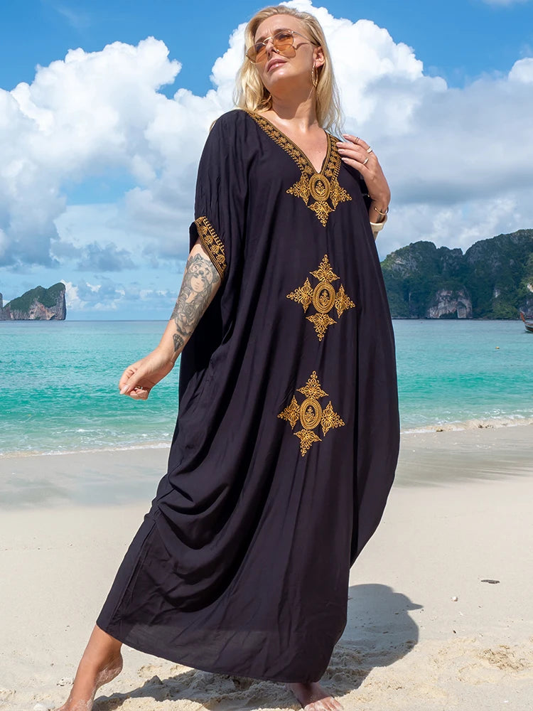 2023 Elegant Gold Embroidered Loose Kaftan House Robe Retro V-neck White Dress Women Summer Beach Wear Swim Maxi Dresses N1373