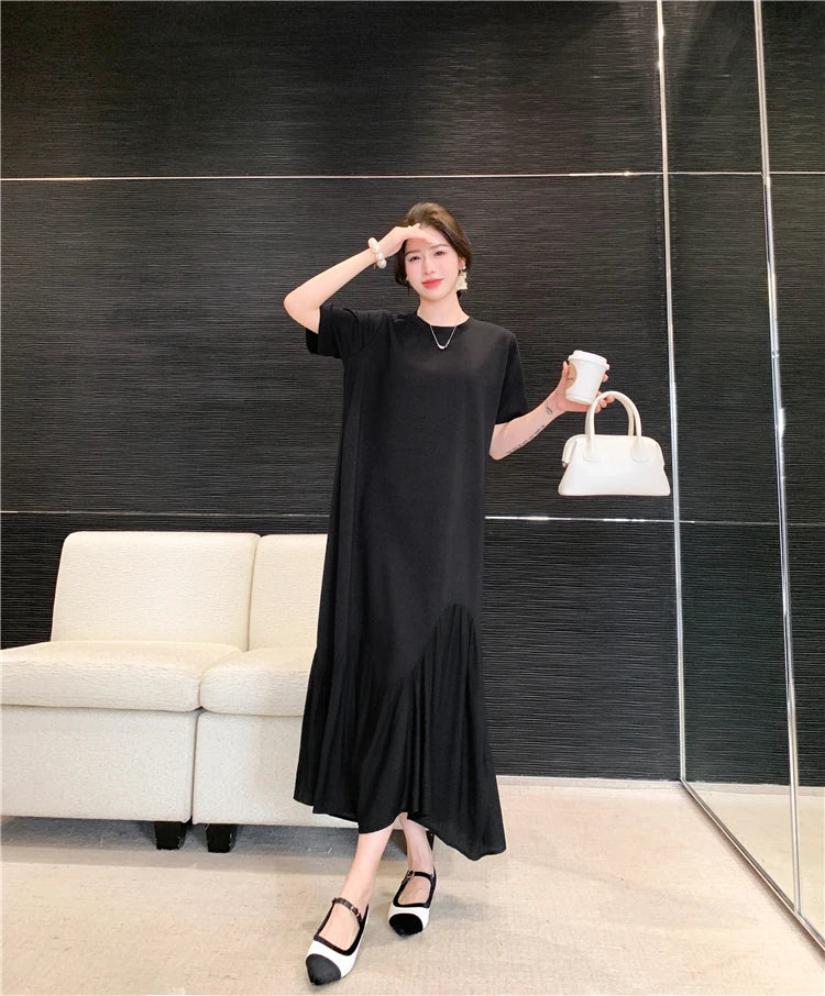 NYFS 2024 Summer New Korea Irregular Woman Dress Vestidos Robe Elbise Loose Plus Size Patchwork Short Sleeve Long Dress