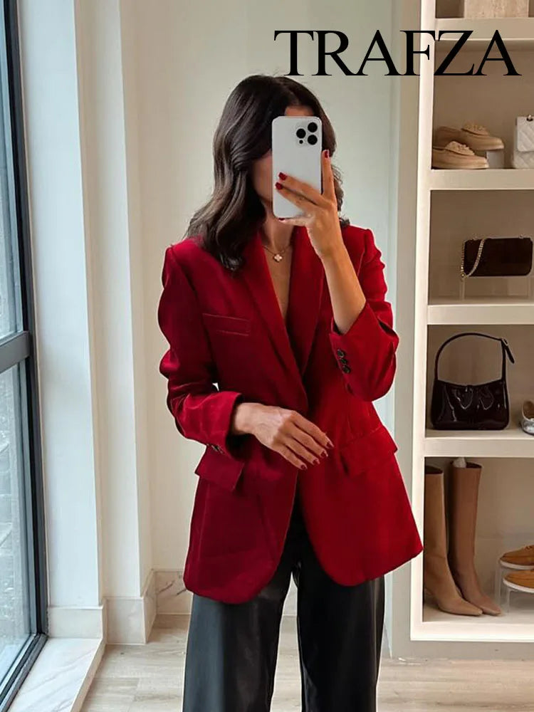 TRAFZA Women Spring Chic Jacket Coats Red Turn Down Collar Long Sleeves Pockets Decorate Single Button Female Fashion Blazers