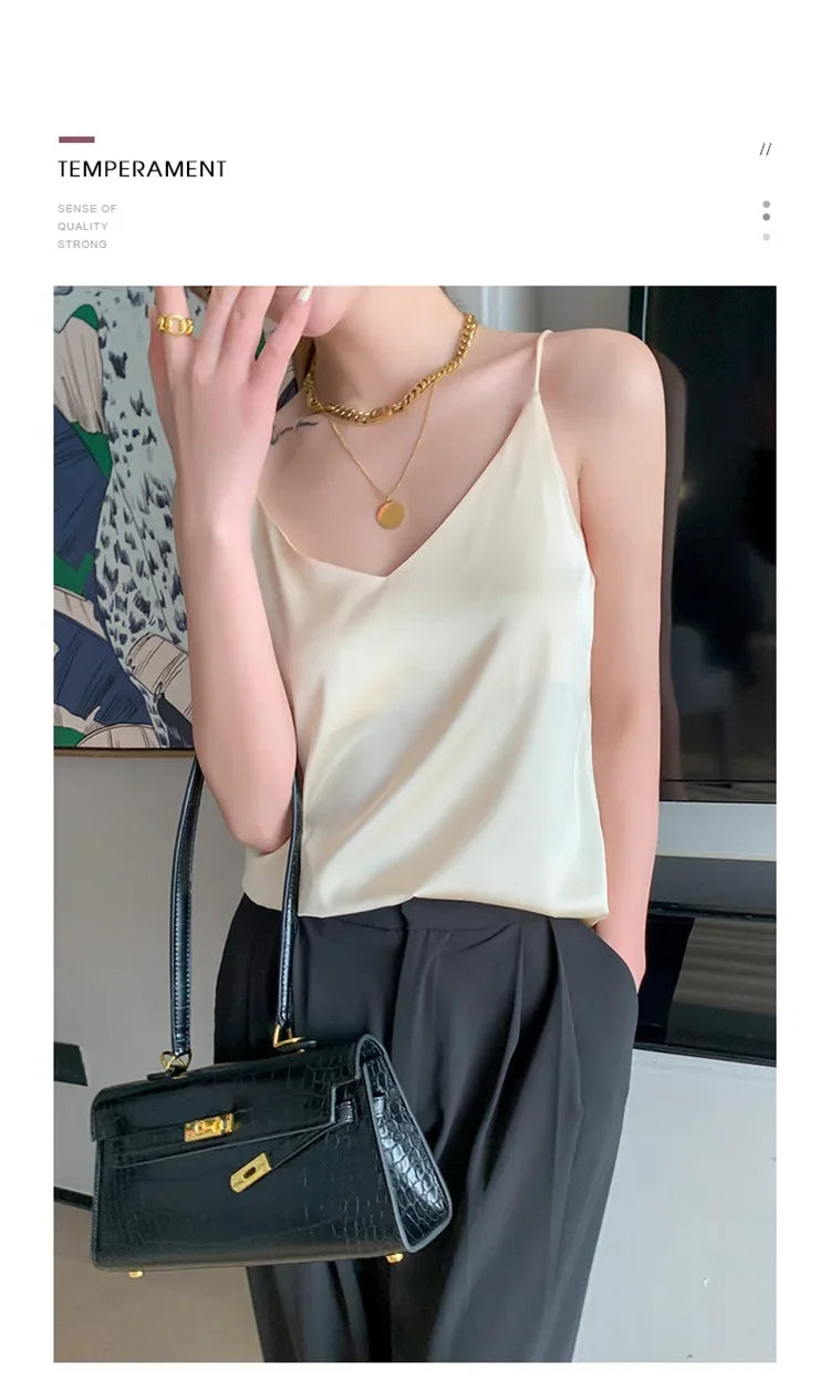 100 silk real silk 2023 summer women's clothing new slim v-neck short temperament inner top one-shoulder camisole