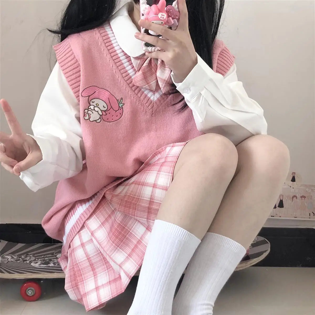 2024 School Kawaii Sweater Vest Cartoon Waistcoat Sweet Cute Preppy Style Women Pullover V-neck Embroidery Japanese Lolita Tops