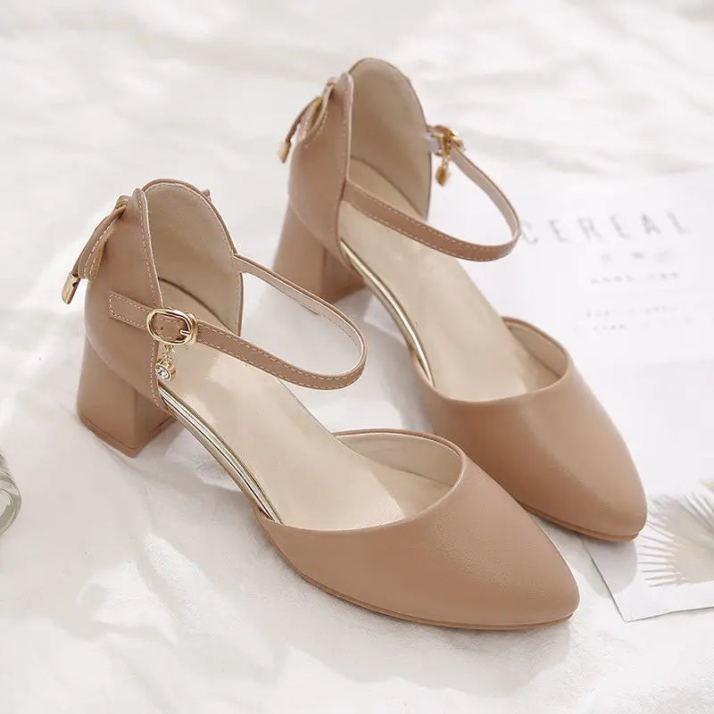 2023 Pumps Women Bow Mid Heels Two-Piece Shoes Buckle Pointed Toe Footwear Ladies Summer Elegant Shoes Female Beige apricot