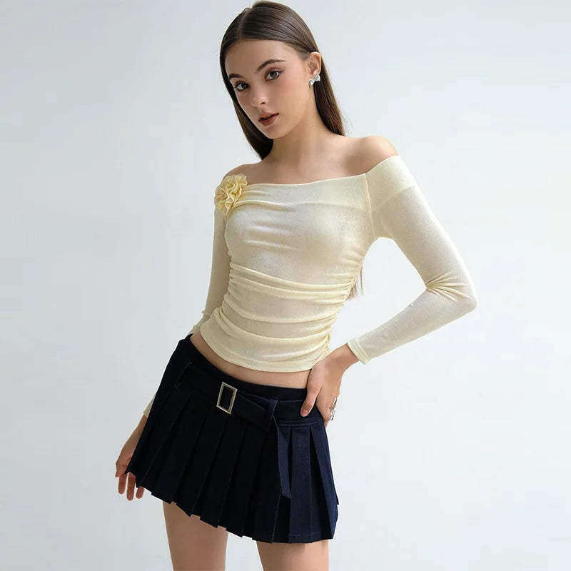 Dulzura Mesh Patchwork Women Long Sleeve Crop T Shirt Ruched Off Shoulder Bodycon Sexy Elegant Streetwear 2024 Spring Summer