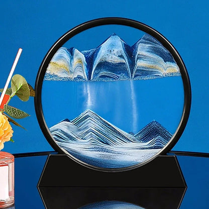 Blue 3D Moving Sand Art – Deep Sea Round Glass Hourglass Quicksand Picture for Home, Office, and Gift Decor