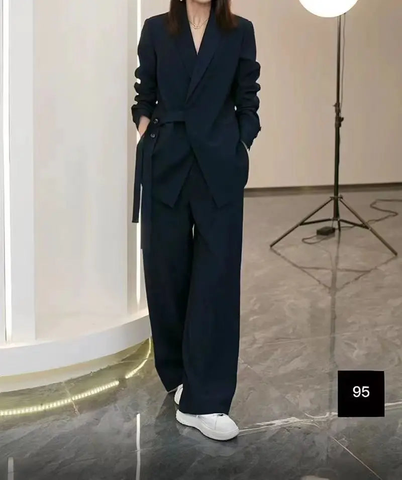 Women's Spring Autumn New Casual Suit Jacket Matching Set Korean Elegant Loose Blazers Wide Leg Pants Two Piece Female Clothing