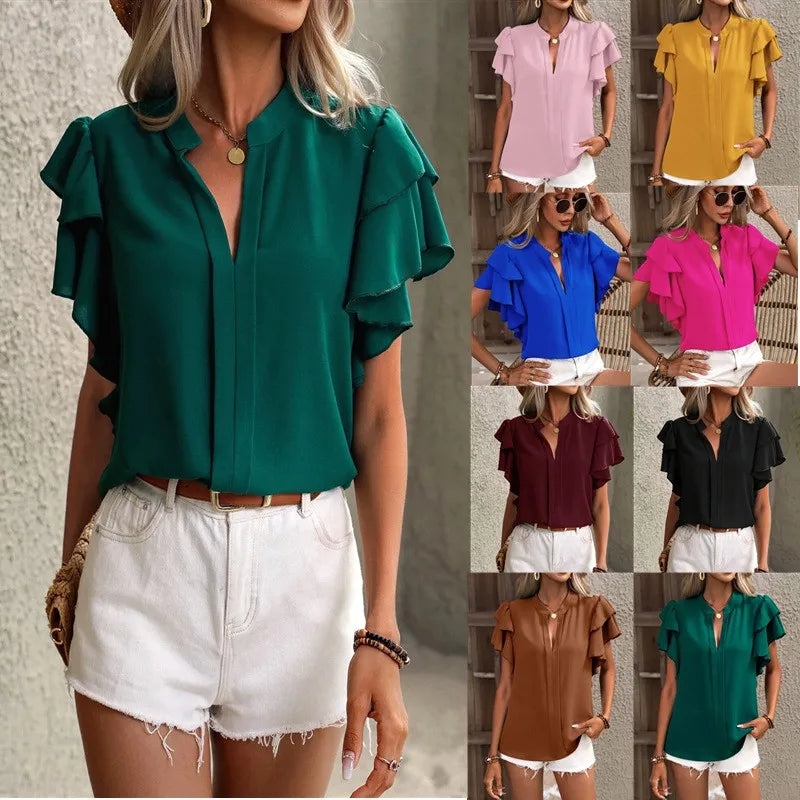 Royal Blue Elegant Pullover Blouse 2024 Women's Summer New V-neck Casual Double Layered Ruffle Sleeves Solid Color Shirt Top