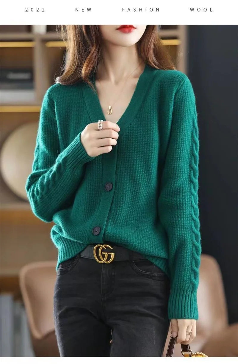 NewFall Fashion V Neck Women Knitted Sweater Cardigan Long Sleeve Soft Slim Sweater Outwear Femlae Solid Casual Knitted Sweater