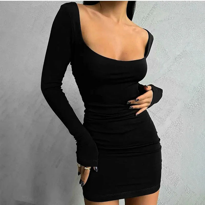 Square Collar Mini Dress For Women Clothing Long Sleeve Bodycon Vestidos De Mujer Black Sexi Night Dress Hot One Piece Outfits