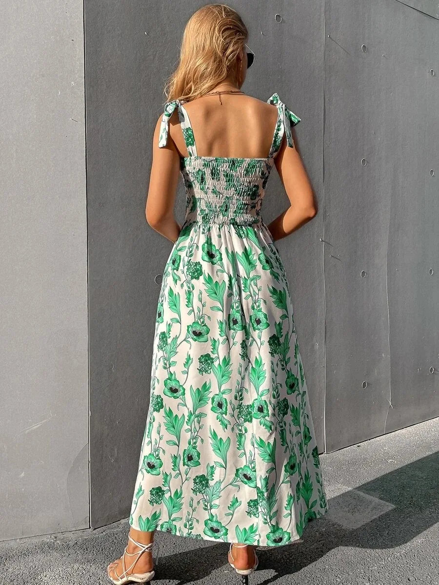 Floral Long Dress Women Fashion Backless Sleeveless Bandage Beach Sundress Casual Green Summer Ladies New In Dresses 2023