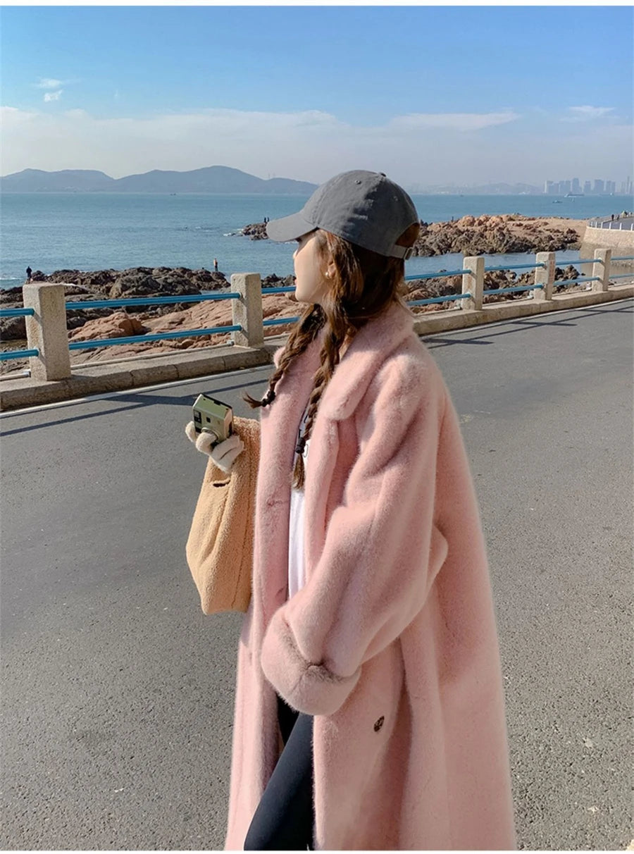 Thicken Warm Long Faux Fur Jackets Loose Warm Imitate Mink Coats Korean Winter Furry Padding Outerwear Women Luxury Overcoat