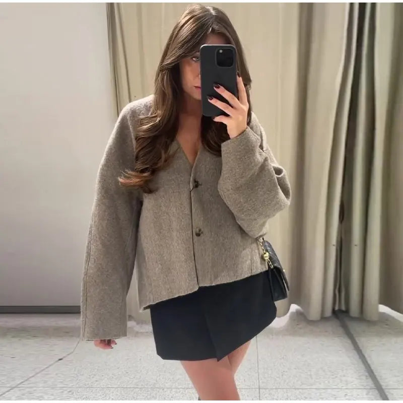 Women Vintage Blends Fit Blazer Coat Fashion Loose Double Breasted Long Sleeve Pockets Female Jackets Chic Lady Commuter Coats