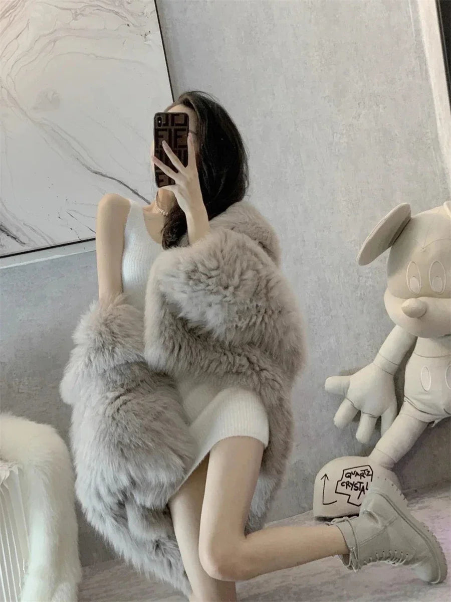 Trendy Hooded Faux Fox Fur Coats super Warm Winter Furry Jacket Women Streetwear Plush Clothing Loose Casual Whiter Chaquetas