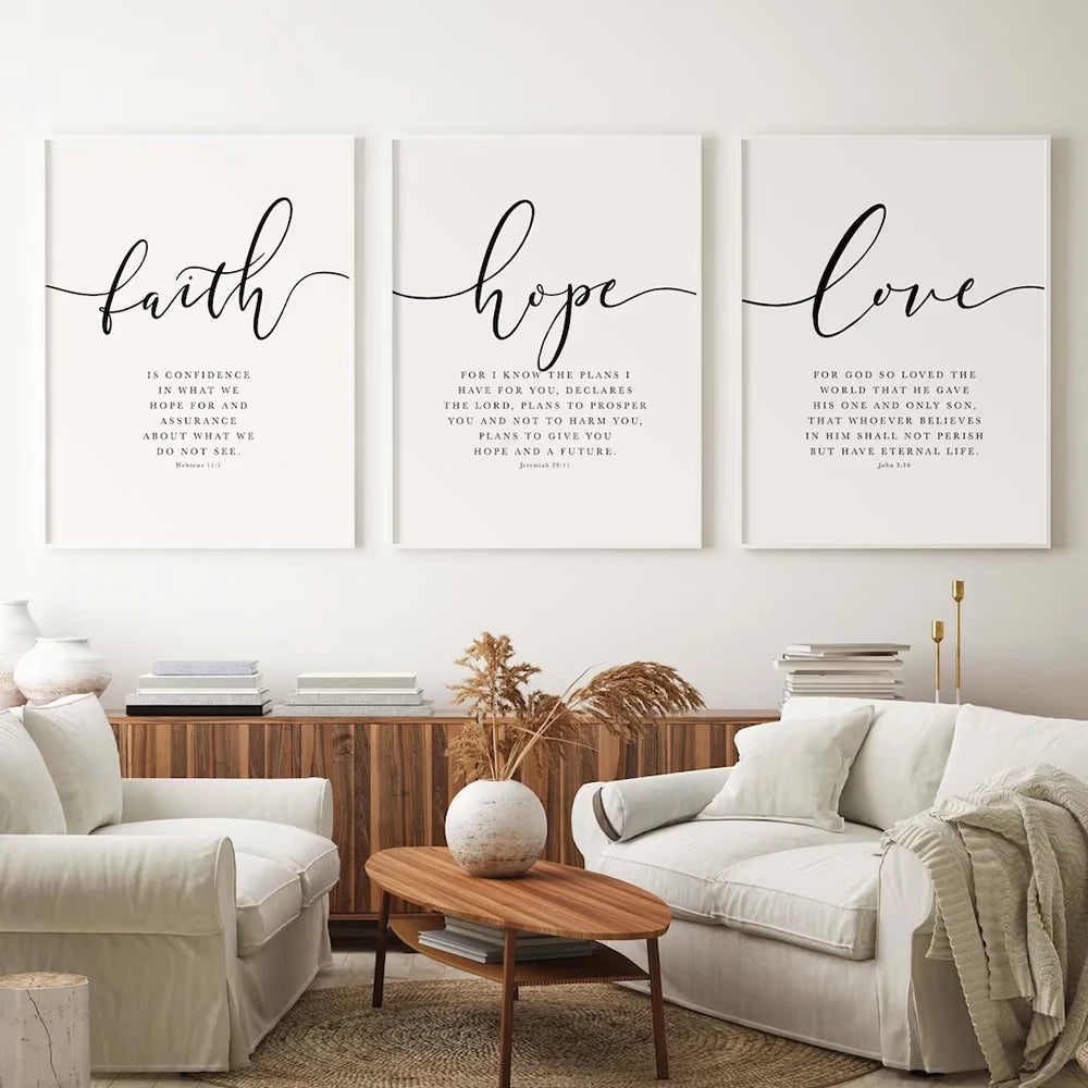 3pcs Faith, Hope, Love Bible Verse Wall Art Christian Scripture Prints for Home Decor, Hebrews 11 Inspirational Quotes
