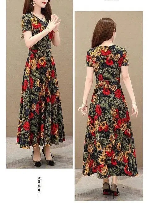 Office Lady Geometric Vintage Floral Printed Midi Dress 2023 Summer A-Line Stylish Spliced Women's Clothing Casual Loose Dresses