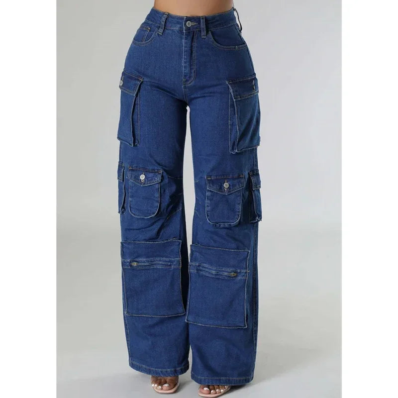 ZOMIGHT Pockets Wide Leg Woman Blue Cargo Jeans Womens Vintage High Waist Baggy Denim Pants Casual Loose Trousers Streetwears