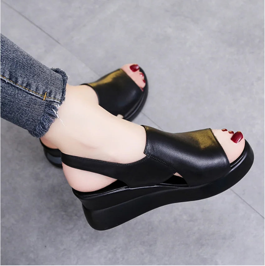 Thick-soled Wedge Sandals Women 2022 New Summer High-heeled Fish Mouth Women's Shoes Soft Leather High Platform Shoes Slippers