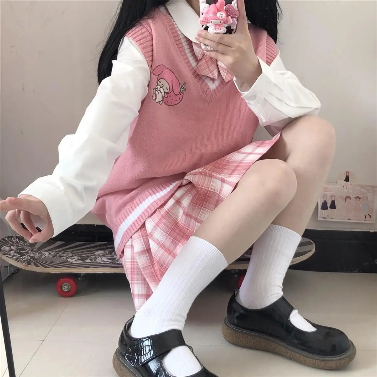 2024 School Kawaii Sweater Vest Cartoon Waistcoat Sweet Cute Preppy Style Women Pullover V-neck Embroidery Japanese Lolita Tops