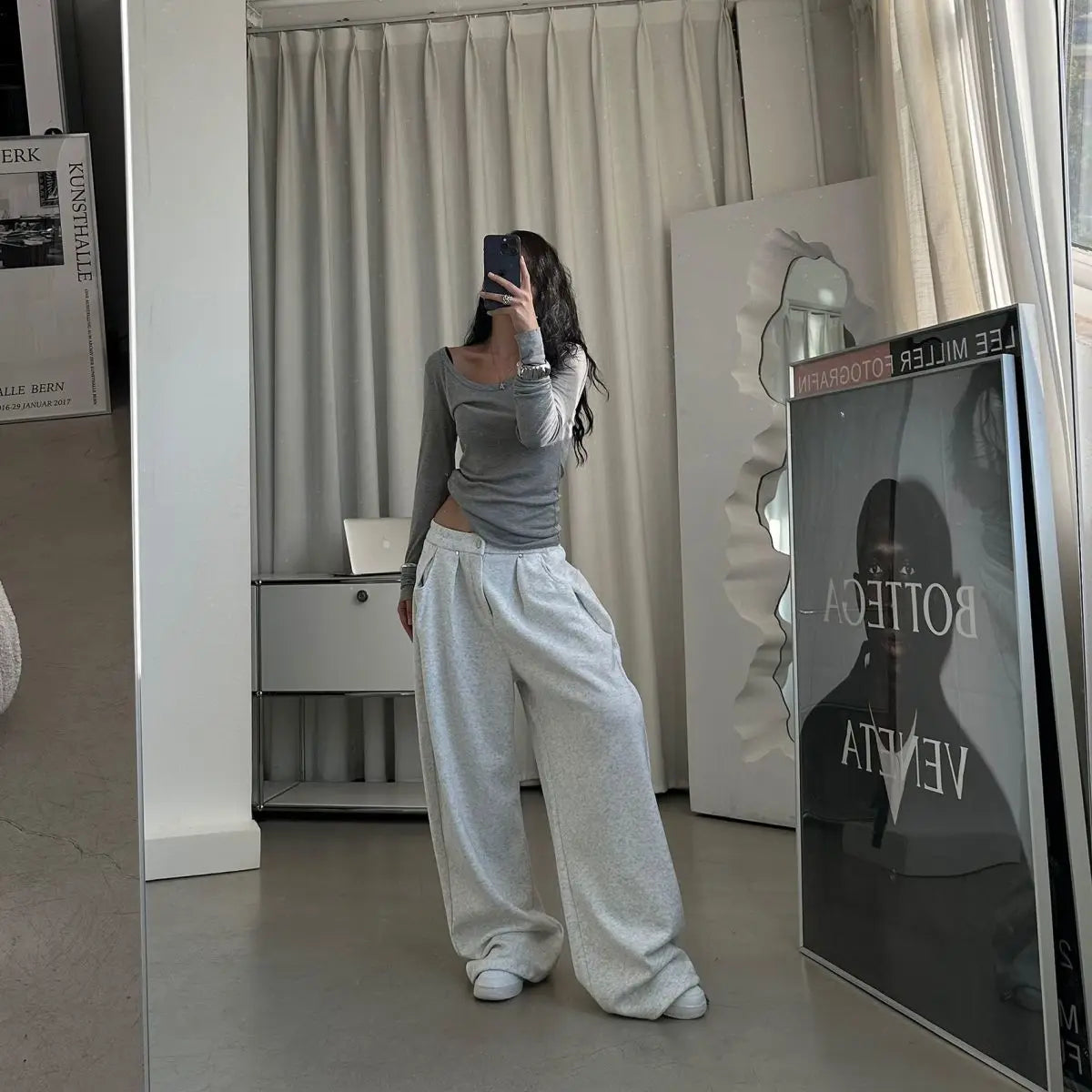 QWEEK Oversized Women Grey Sweatpants Y2k America Style Retro Baggy Pants Casual Sports Streetwear Hip Hop Trousers Joggers