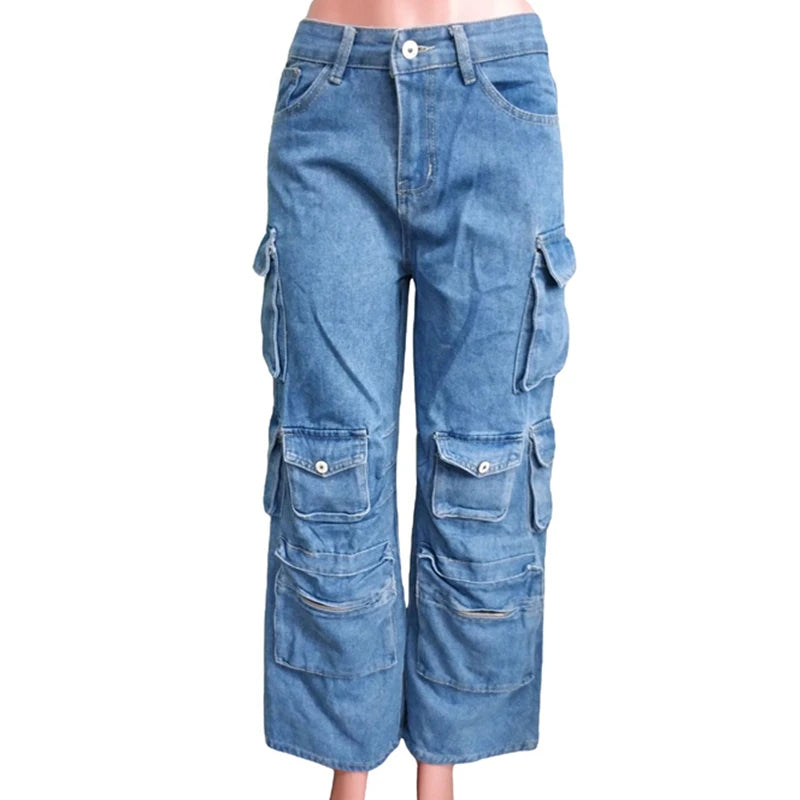 ZOMIGHT Pockets Wide Leg Woman Blue Cargo Jeans Womens Vintage High Waist Baggy Denim Pants Casual Loose Trousers Streetwears