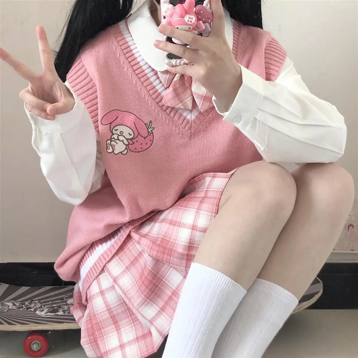 2024 School Kawaii Sweater Vest Cartoon Waistcoat Sweet Cute Preppy Style Women Pullover V-neck Embroidery Japanese Lolita Tops