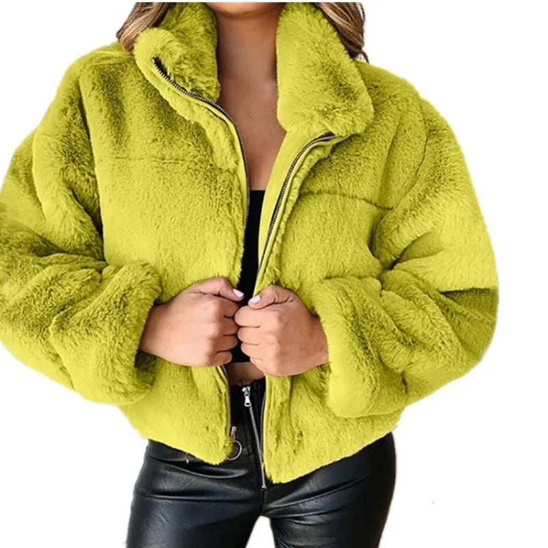 New Women's Autumn Winter Faux Fur Short Coats Zipper Cardigan Plush Warm Coat Female Oversized Outerwear Overcoat Thick Jacket