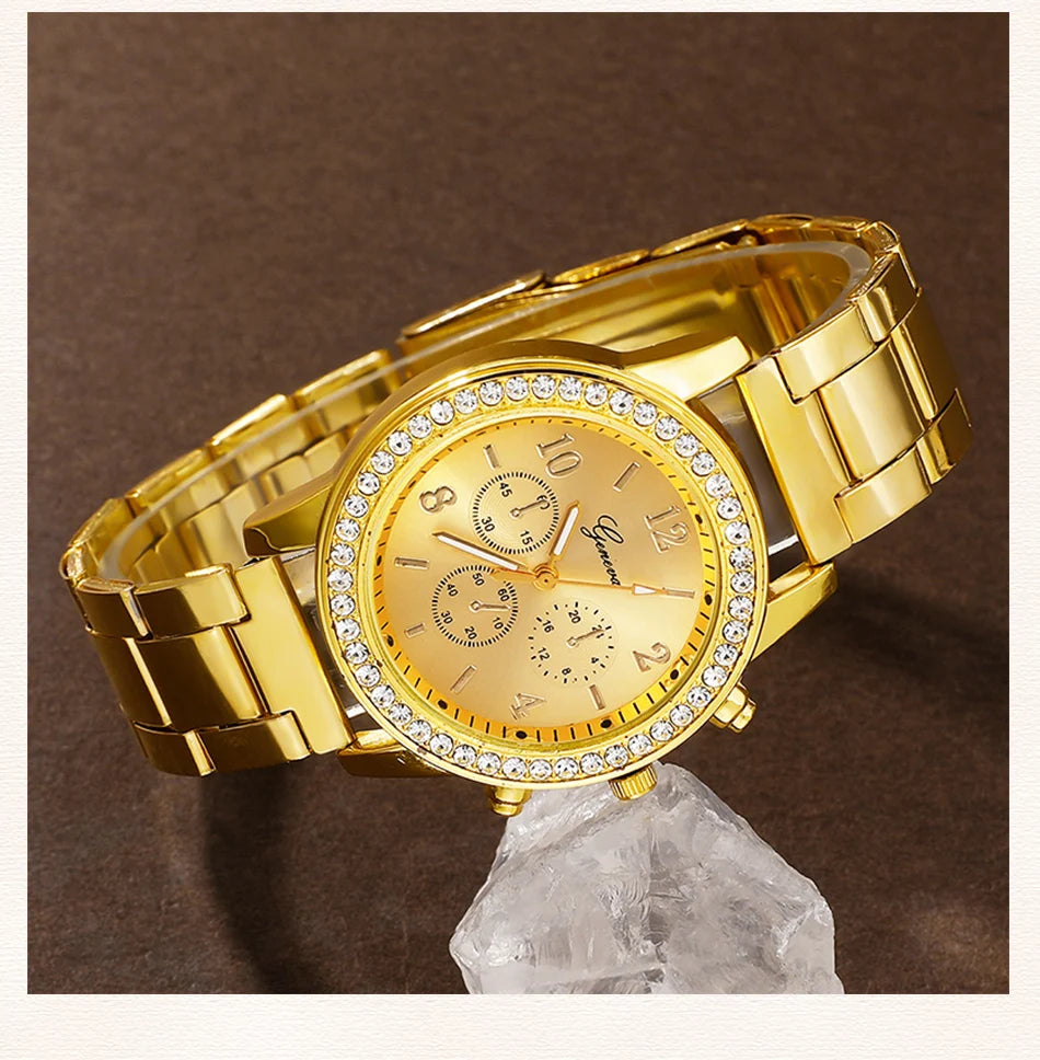 6PCS Set Golden Luxury Watch Women Ring Necklace Earring Rhinestone Fashion Wristwatch Casual Ladies Bracelet Watches