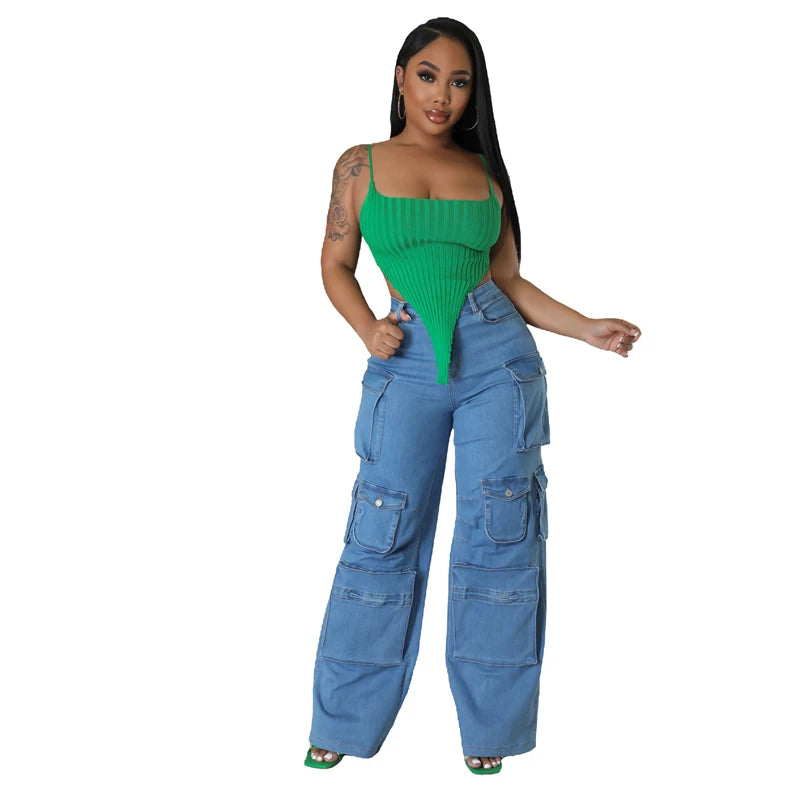 ZOMIGHT Pockets Wide Leg Woman Blue Cargo Jeans Womens Vintage High Waist Baggy Denim Pants Casual Loose Trousers Streetwears