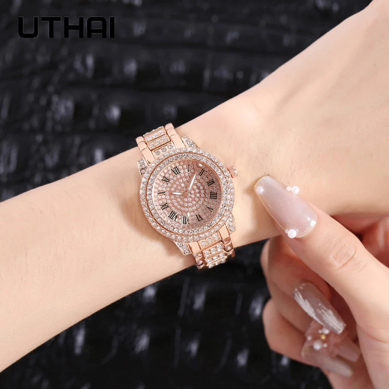 UTHAI H57 Women's Watch Vintage Diamond Ribbon Watches Gold Bracelet Accessories Woman's Fashion Quartz Wristwatch Clock