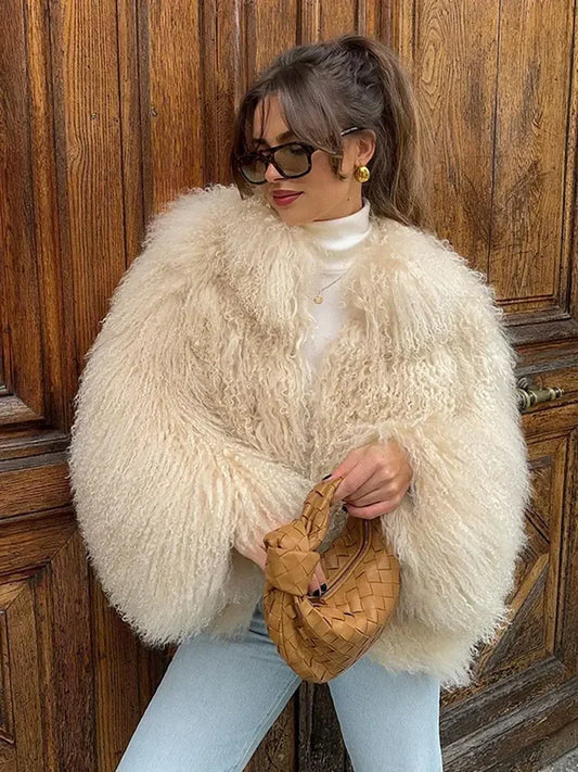 Elegant Solid Color Thick Faux Fur Coats Women Round Neck Long Sleeve Short Warm Jacket 2024 Winter Lady New High Street Outwear