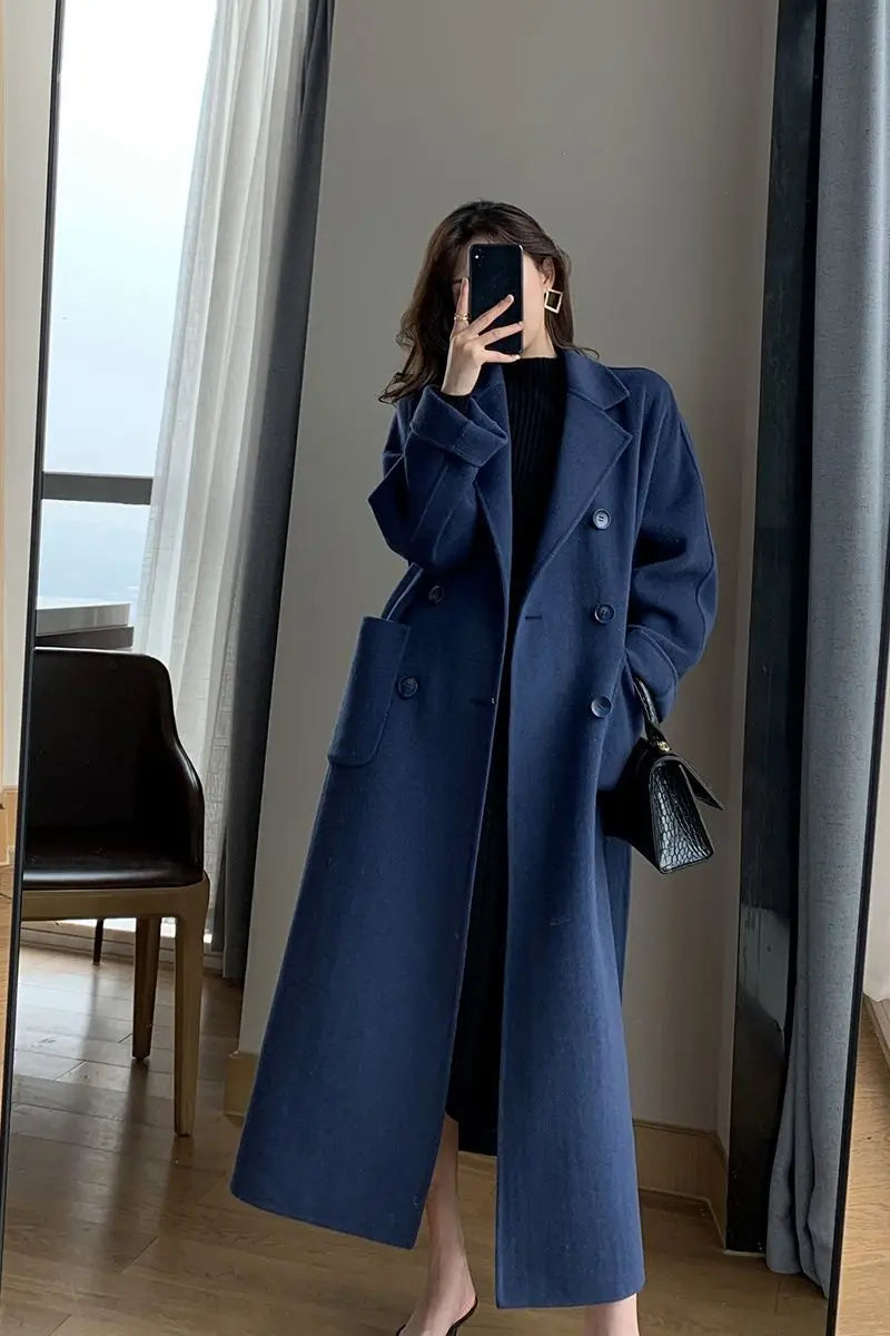 Winter Trench Coat For Women Elegant Fashion Korean Casual Wool Coat Navy Blue Lace-up Long Jacket  Black Woman Coat With Blet