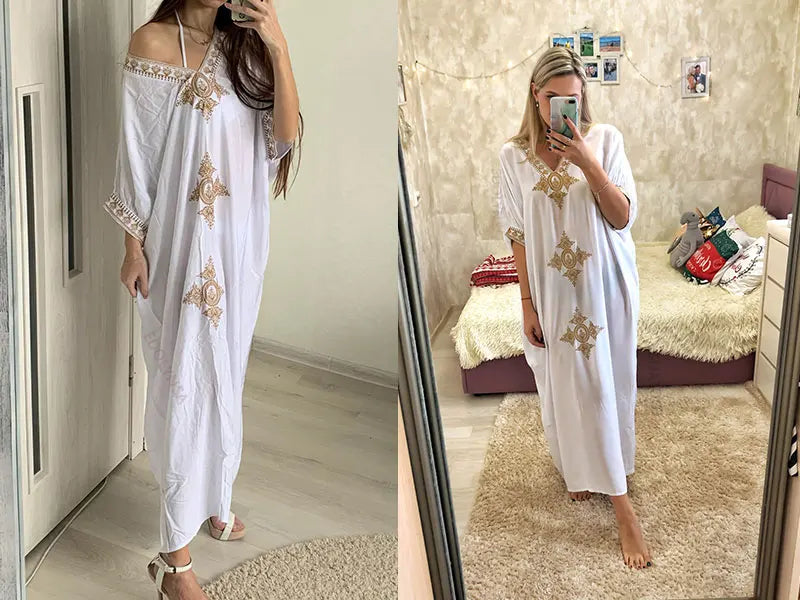 2023 Elegant Gold Embroidered Loose Kaftan House Robe Retro V-neck White Dress Women Summer Beach Wear Swim Maxi Dresses N1373