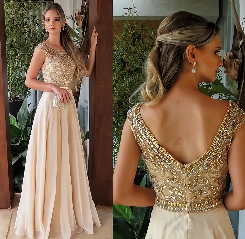 Champagne Bridesmaid Dress Round Collar A-Line Sleeveless Beading Appliques Formal Party Wedding Guests Evening Prom Gowns New